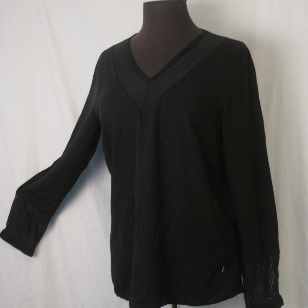 Black V-Neck Blouse with Open Mesh at Neck and Wrists